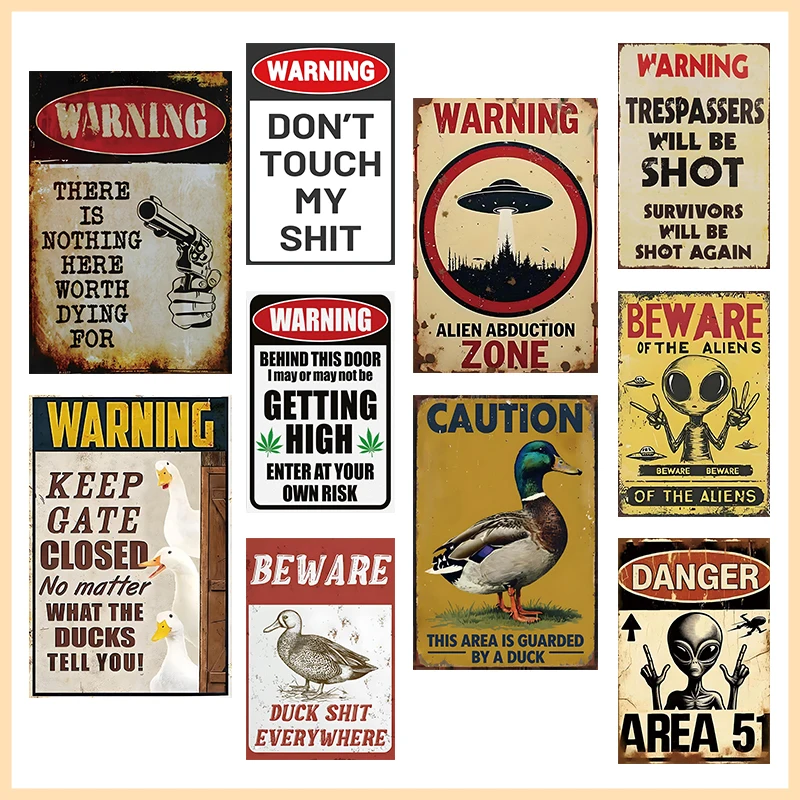 Warnschild aus Metall, Vintage-Stil, lustiges Alien-Enten-Warnschild, Männerhöhle, Garagenwanddekoration, dekorative Plakette für Männer, 20x30 cm