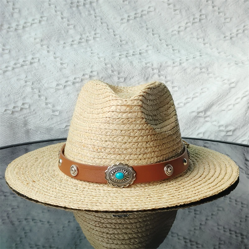 Vintage raffia straw fedora hats men women top hats jazz hat summer shade versatile sunscreen raffia flat-brim sun hat panama