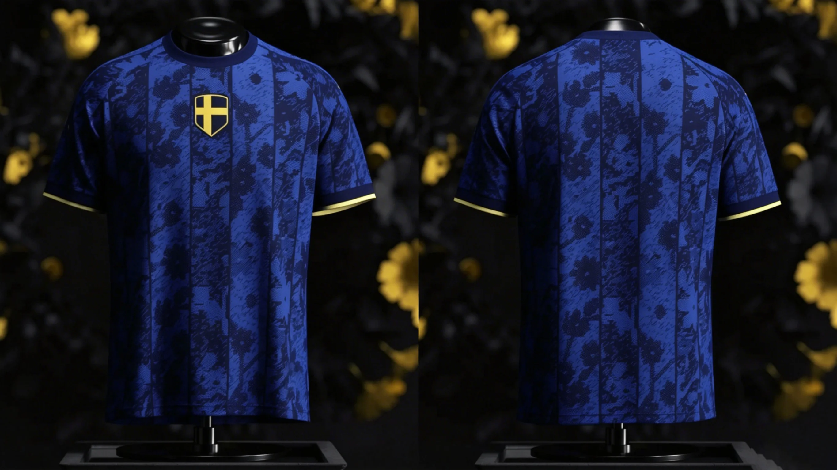 Vintage Dark Blue Floral Print Soccer Tee, Sweden Yellow Cro
