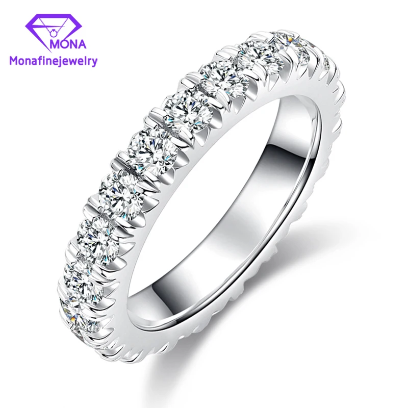 

Tiger Prong Full Eternity DEF Color 3mm Round Shape Moissanite Diamond Wedding Band Silver Plated White Gold Ring For Women