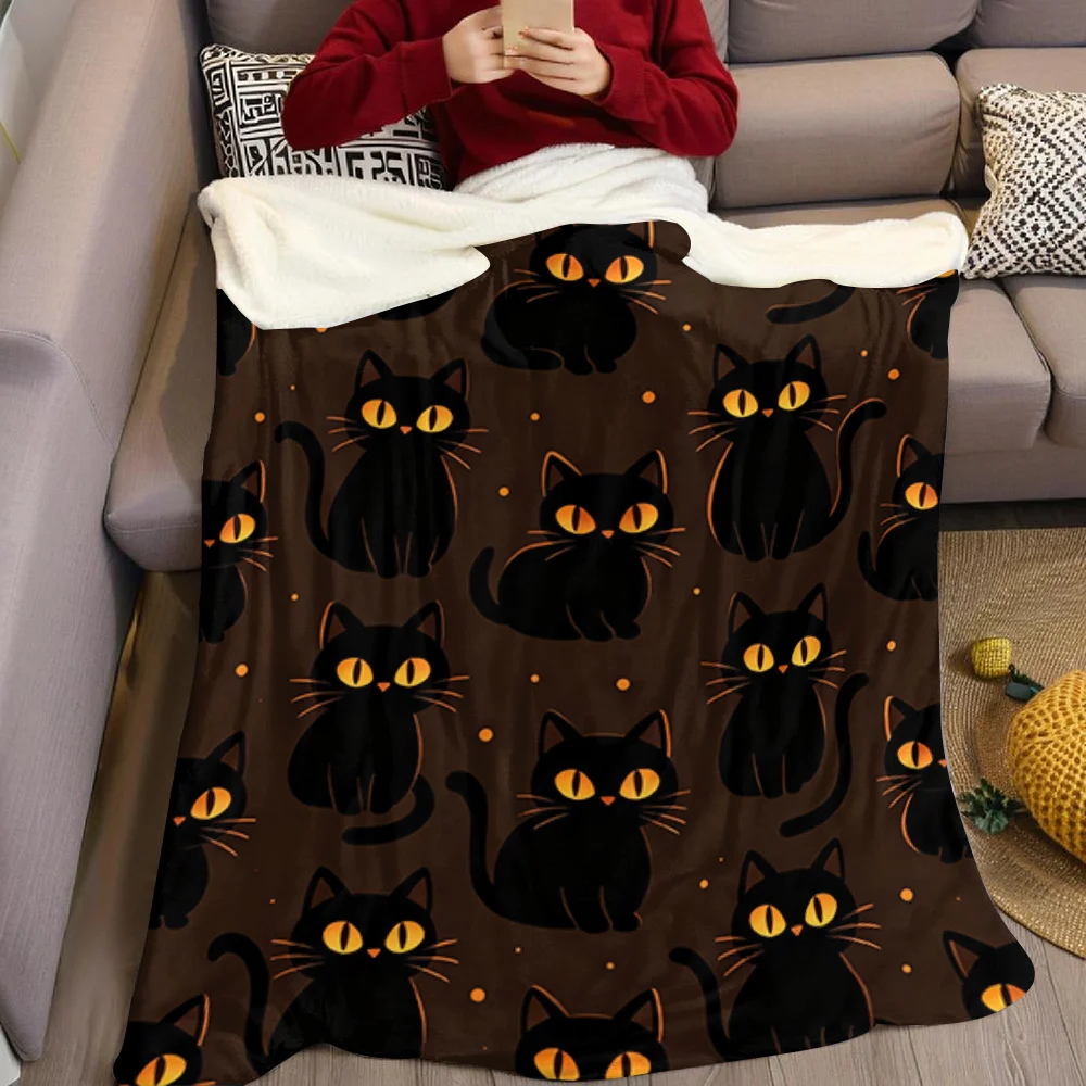 Cute Black Cats Flannel Blanket Warm Soft Halloween Christmas All-Season Couch Decorative Cozy Warm Gift