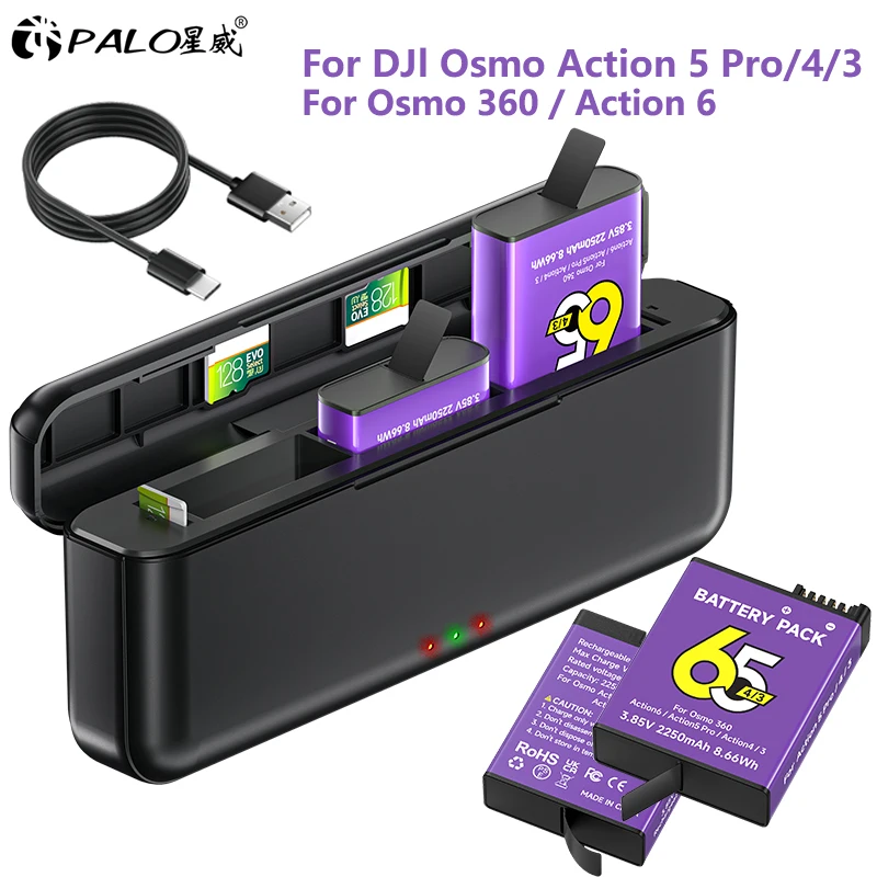 2250 mAh pour DJI Osmo Action 6 / Action 5 Pro Batterie + 3 Slot Chargeur pour DJI Osmo Action 5 Pro Action4 Action3 Osmo 360 Accessoires de caméra de sport
