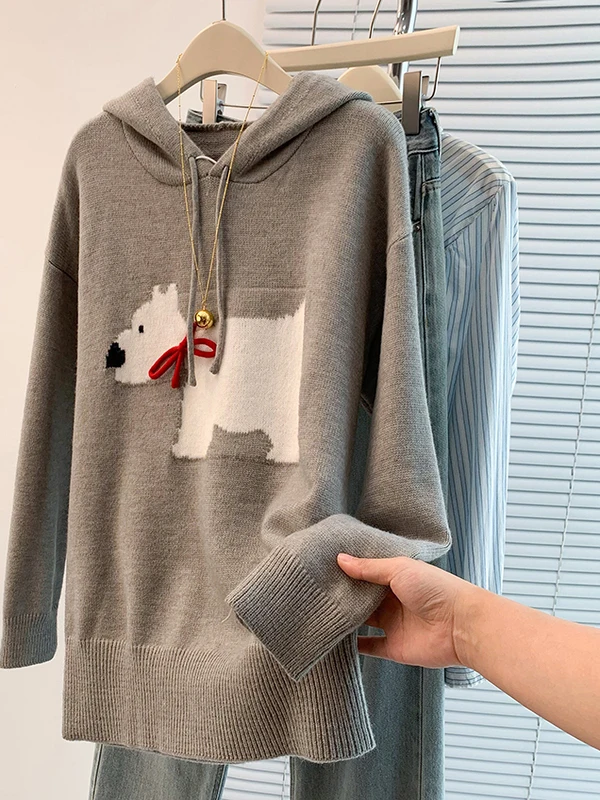 

Sli осенне-зимний свитер с капюшоном и рисунком собаки, женский свободный крой, длинный свитер свека для поездок на работу, базовый слой, топ