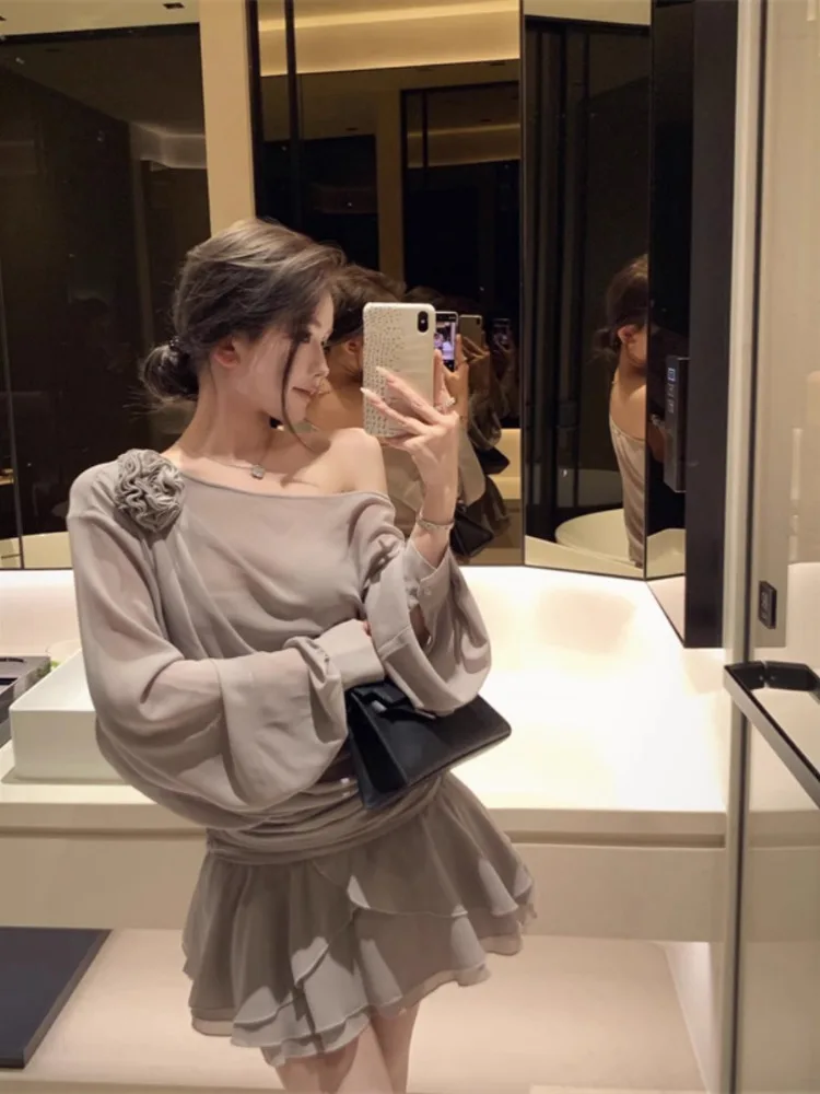 Ezgaga Mini Dresses Women Flowers Diagonal Collar Long Sleeve Off Shoulder Elegant Dress Party French Style Fashion Sexy