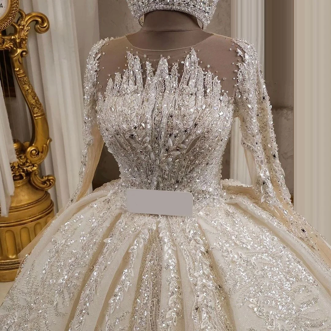 2025 Customized Ball Gown Wedding Dress Long Sleeves Pearl Sequin Crystal Plus Size Bridal Dresses Princess Wedding Gowns