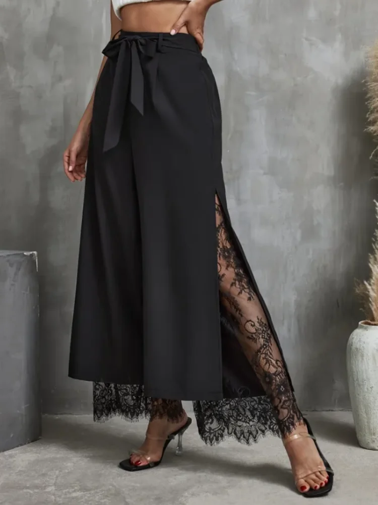 Women Wide Leg Pants High Waist Self Tie Belt Side Split Lace Hem Loose Trousers Elegant Party Vacation Daily Wear