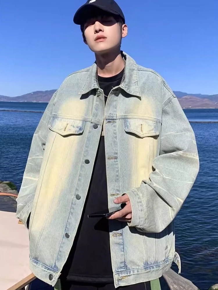 

Осенние свободные мужские джинсовые пальто, дизайнерская оригинальная одежда в стиле пастушки, эстетичная высококачественная мужская джинсовая куртка Y2k Joker, роскошная потертая мужская джинсовая куртка