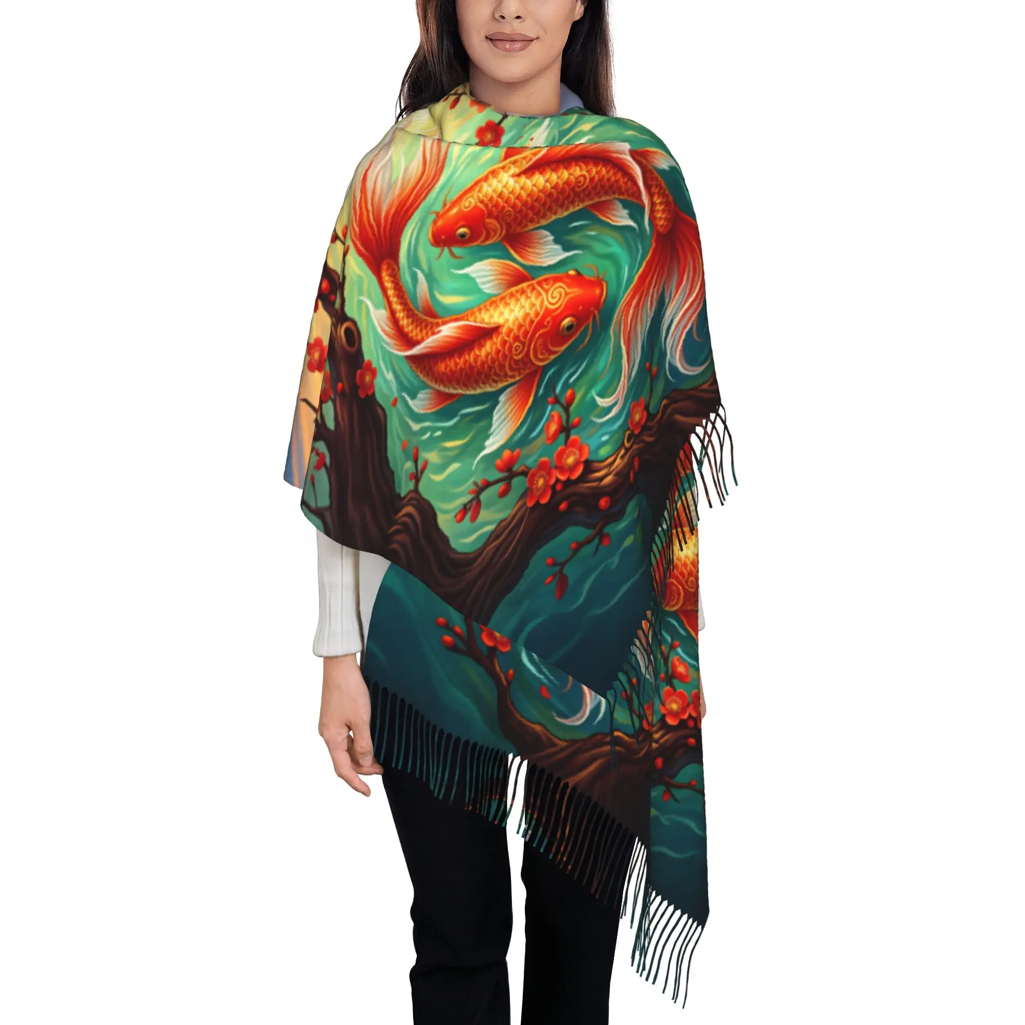 Custom Red Koi Plum Blossom Sunset Feng Shui  Scarf Wrap Women Long Winter Warm Tassel Shawl Unisex  Scarves