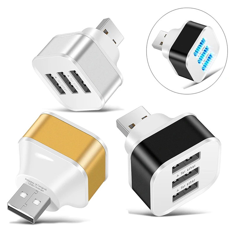 Extensor de carregamento USB para carro, divisor USB estendido de 3 portas com luz indicadora, Plug and Play, 3 em 1, Smart Phones Hubs, 2.0