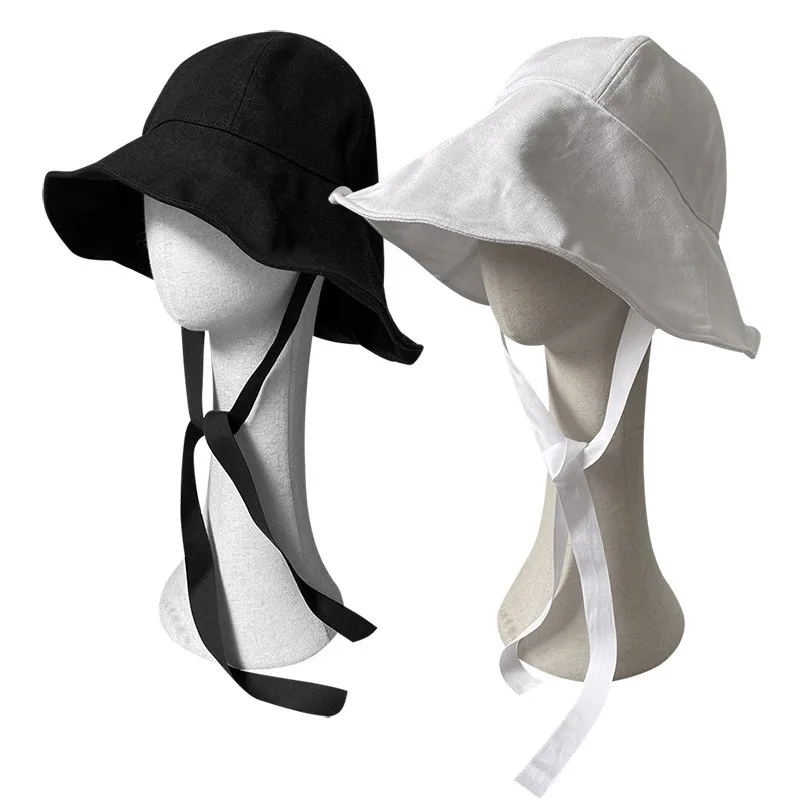 Women Linen Dome Bucket Hat, Summer Breathable Bow Strap Wide Brim Sun Hat