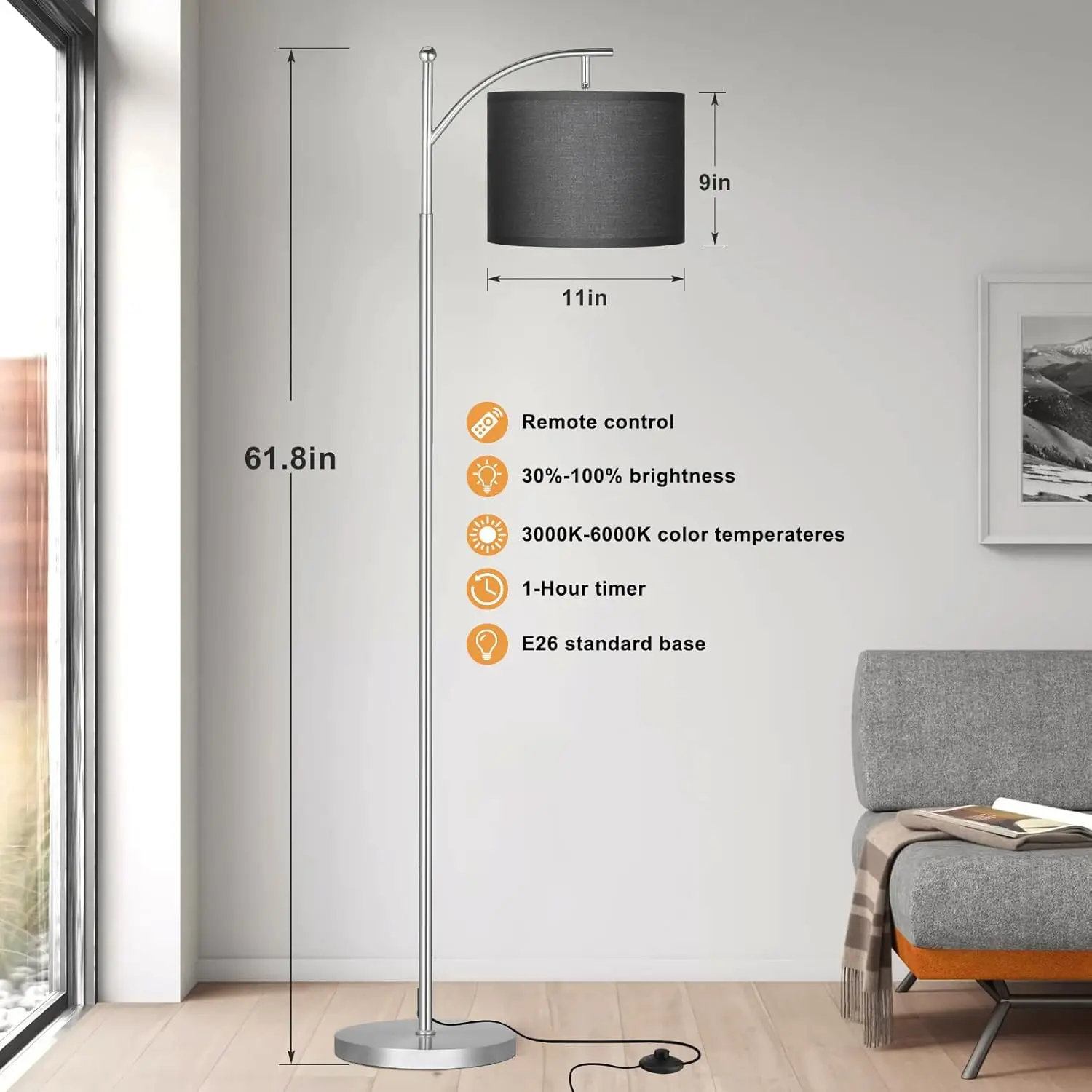 Candeeiro de pé com controle remoto e lâmpada regulável contínua, lâmpadas de chão ajustáveis com brilho de temperatura de cores para sala de estar