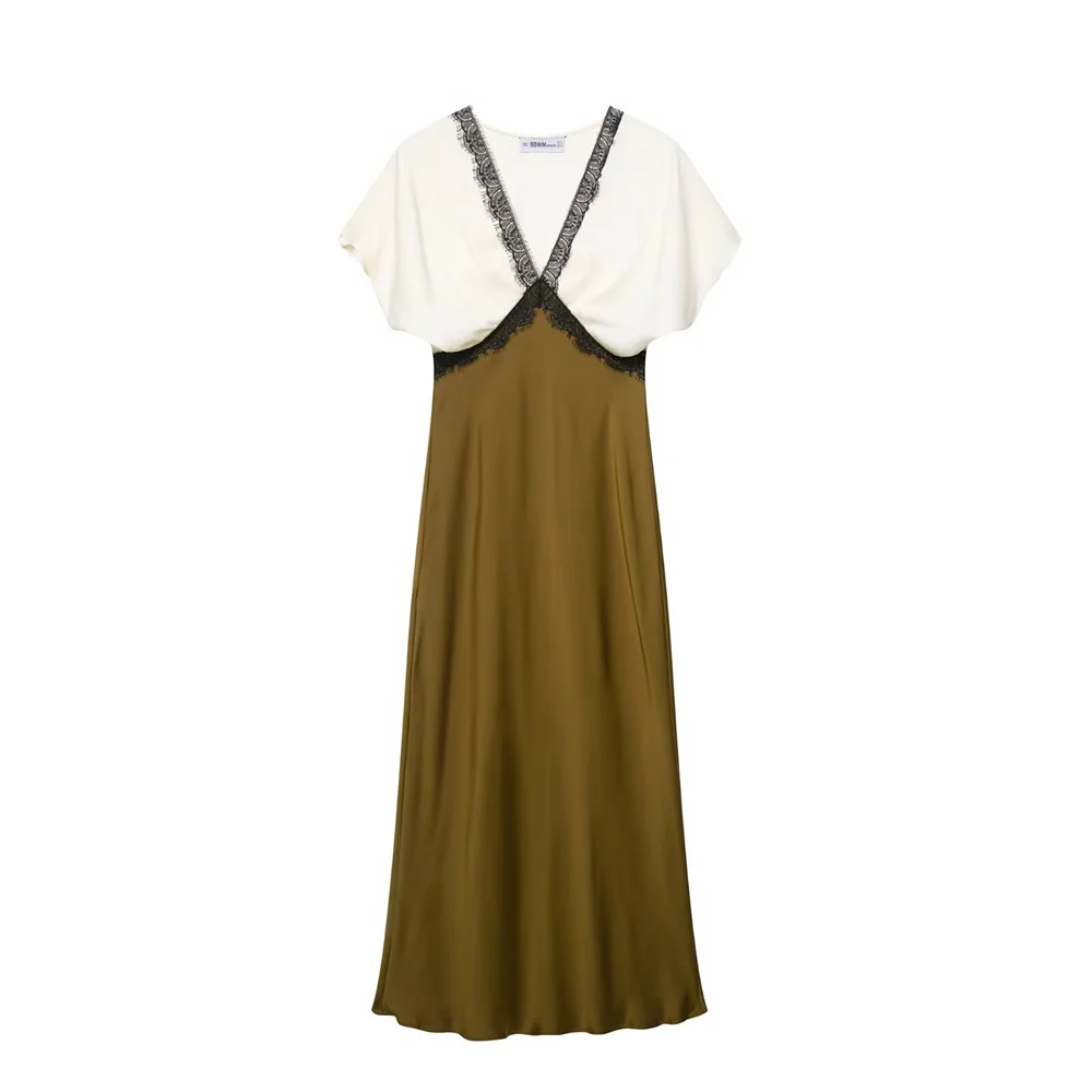 UNIZERA 2025 casual and fashionable European and American style design with lace and satin texture MIDI dress