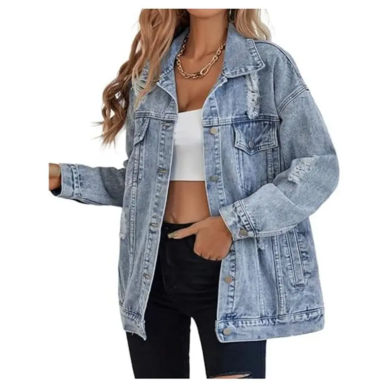 ABJO-Giacca di jeans lunga oversize da donna Cappotto da giubbotto di jeans effetto consumato strappato da fidanzato