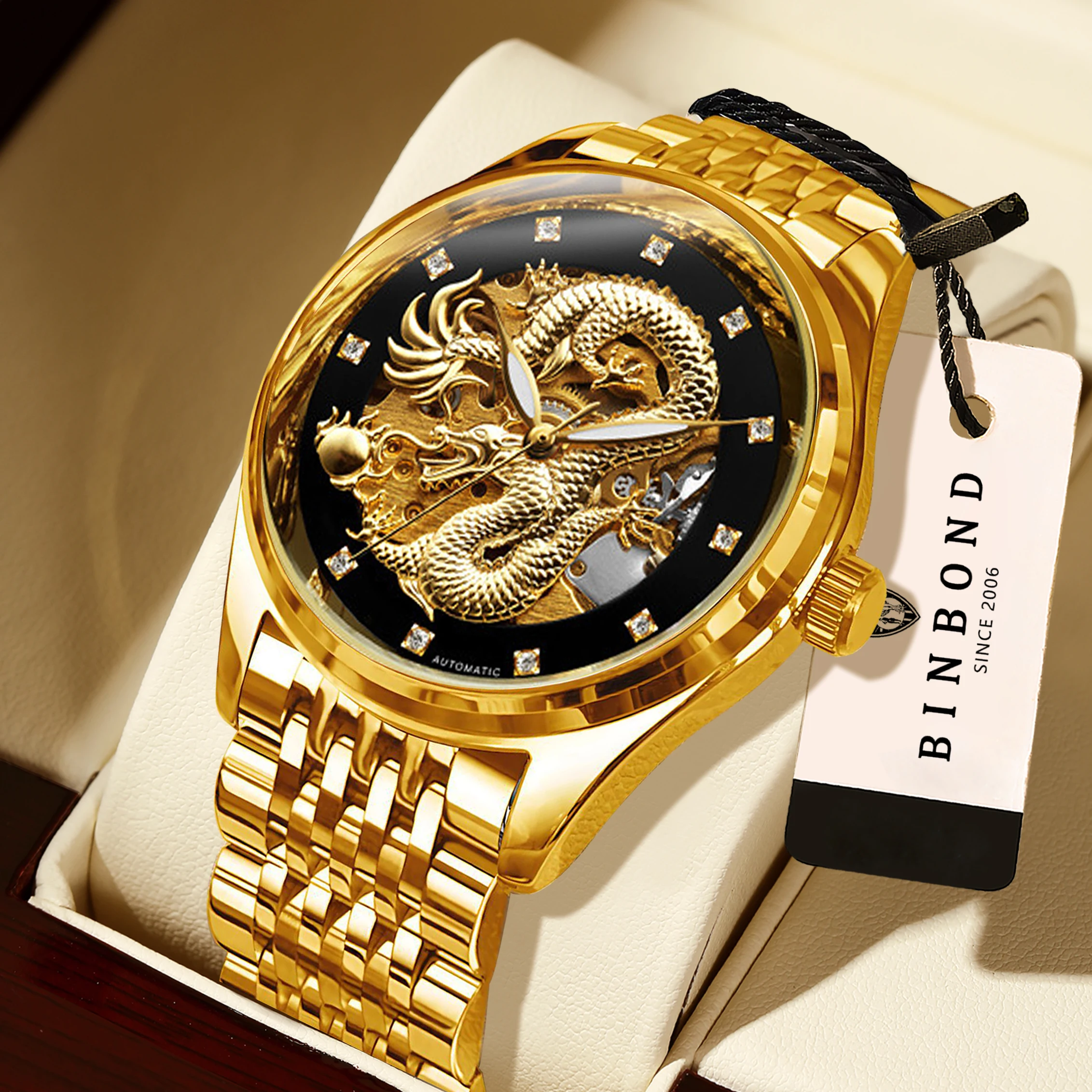 

BINBOND Vintage Dragon Mechanical Wristwatches For Men Automatic Tourbillon men's WatchLuxury Luminous Waterproof Precise Reloj