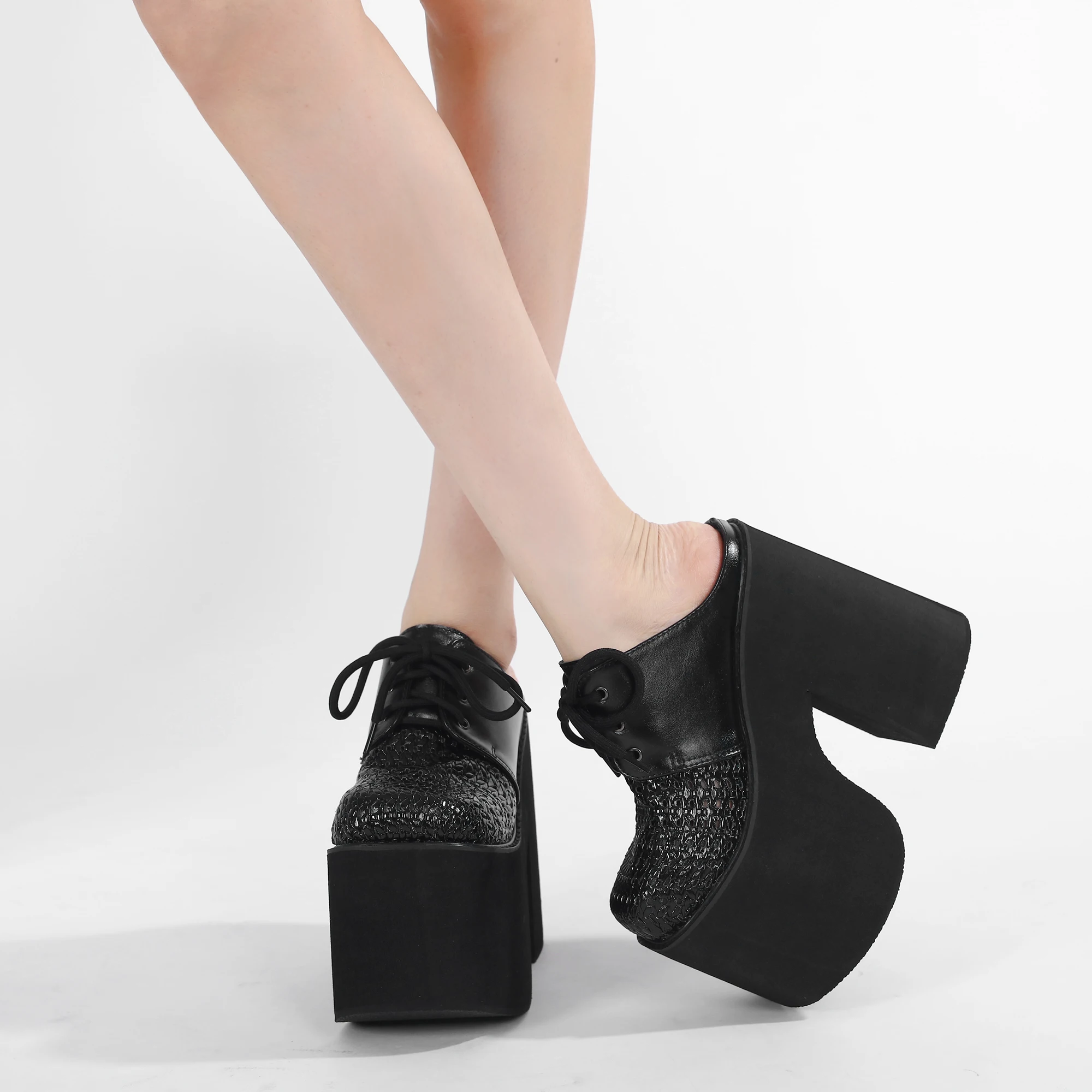 Gdgydh Damen Mules Schnür-Plateau-Sandalen für Frauen, klobiger Absatz, ausgehöhlte High-Heels-Schuhe, Keilabsatz, Sommer-Slingback-Schuh – Detail 2