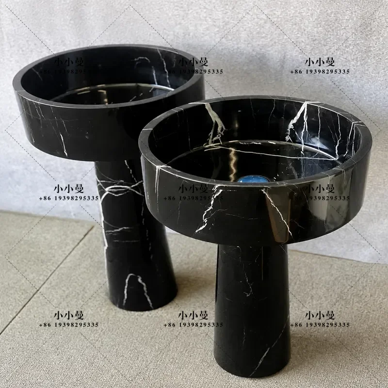 Black and White Round Column Wash Basin Mini Natural Stone Sink Dirt Resistant for Small Apartment Bathroom Vanity