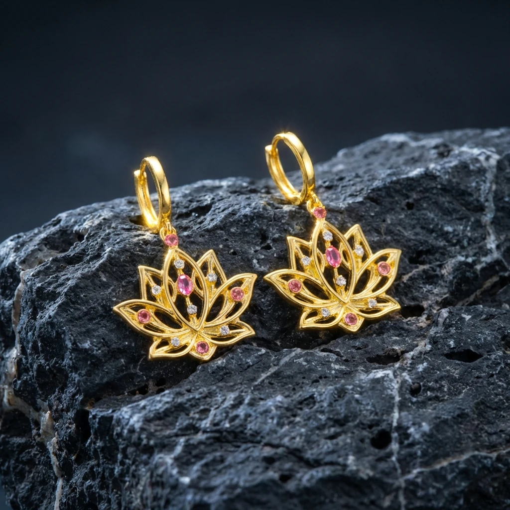 Elegante goldfarbene hohle Lotusblüten-Ohrringe für Damen, Boho, glitzernde Strass-Tropfenohrringe, spiritueller Kristallschmuck, Geschenk – Detail 12