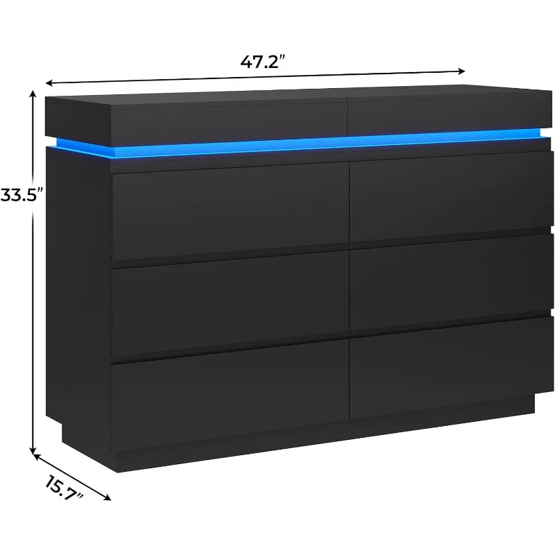 Moderne Kommode mit 6 Schubladen und verschiebbarem Desktop, breite Kommode mit Ladestation und LED-Leuchten, großer Lagert urm