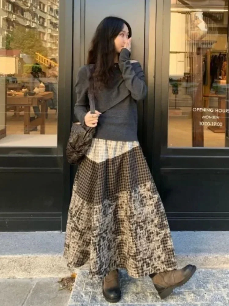 

Faldas Mujer De Moda 2022, лоскутная женская юбка трапециевидной формы с высокой талией Saia, свободные летние длинные юбки в клетку с винтажным принтом