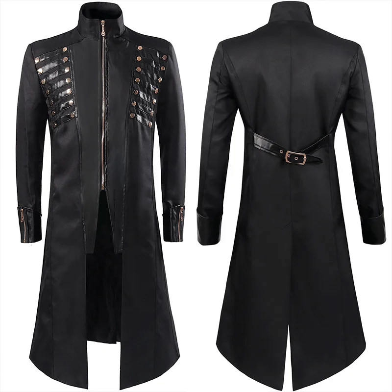 

Gothic Sle Patchwork Leather Jaet Punk Long Coat loween Costume with Rivets Stand Collar Men's Faion Urban Windbreaker