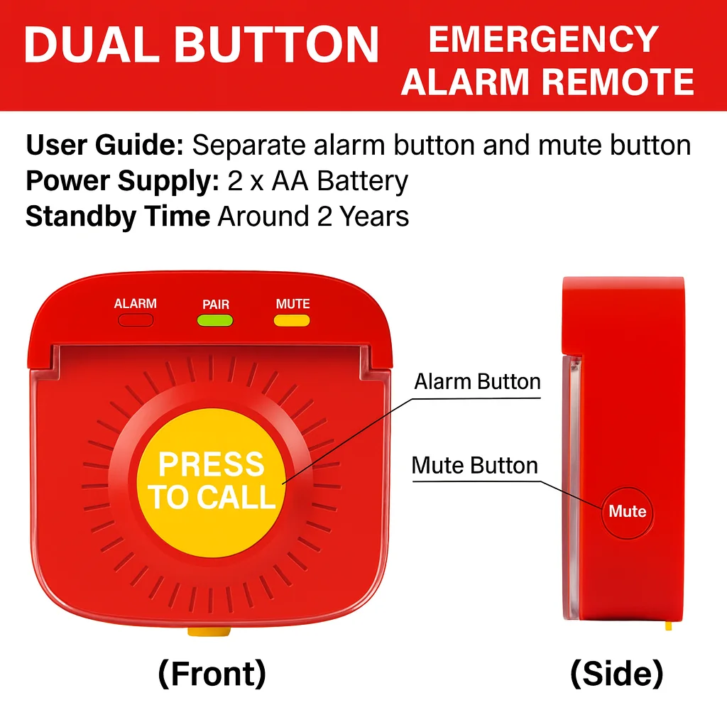 Long-Range 433MHz Emergency Push Button | Double Keys | Alarm & Reset | Waterproof Cover | Ideal for Nursing Home, Factory Hotel