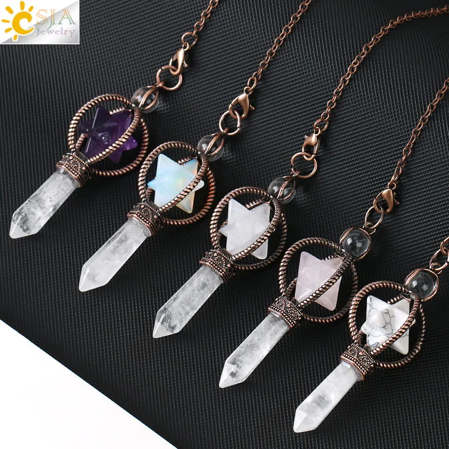 CSJA Esotericism Crystal Pendulums for Dowsing Divination Pendulum Merkaba Natural Stone Pendant Clear Quartz Red Bronze G930