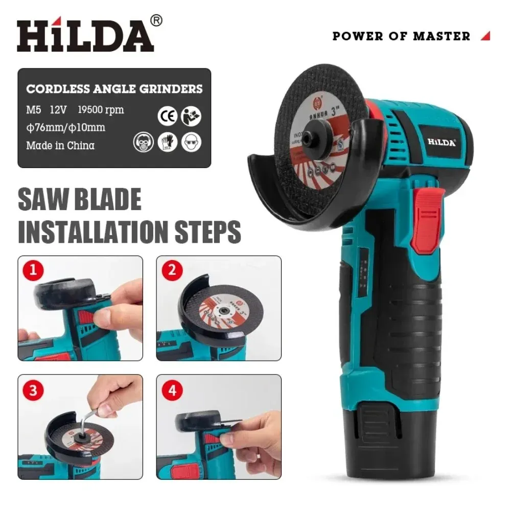 HILDA 12V Electric Angle Grinder 3 Inch Lithium Angle Grinder Brushless Angle Grinder Mini Handheld Car Maintenance Tools