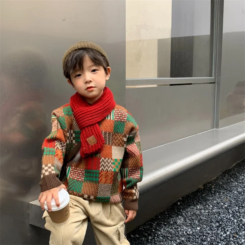 

Boys Woolen Sweater Crochet Cotton Windbreak 2024 Printed Autumn Winter Christmas Gift School Warm Children's Clothing