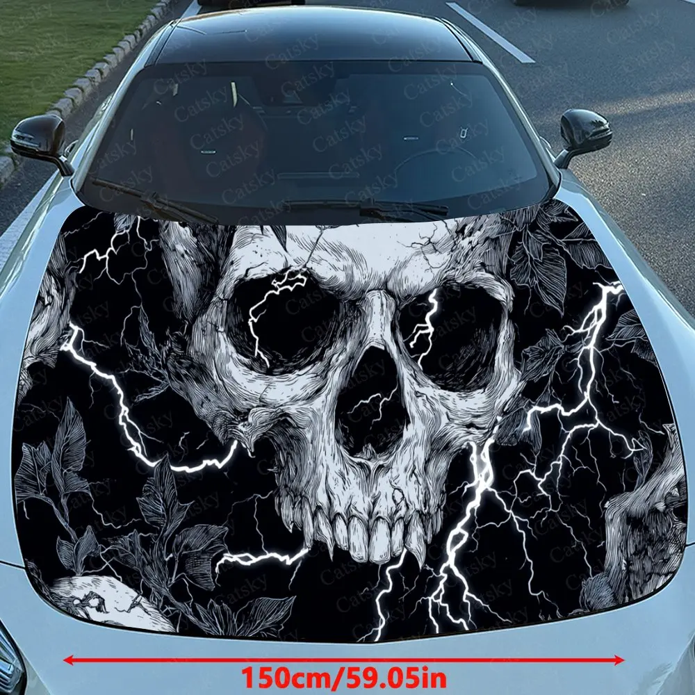 Car Decal Skull with Monochrome Lightning Element in Dark Gothic Design, Creating a Bold and Dynamic Visual Car Hood Sticker, Wa