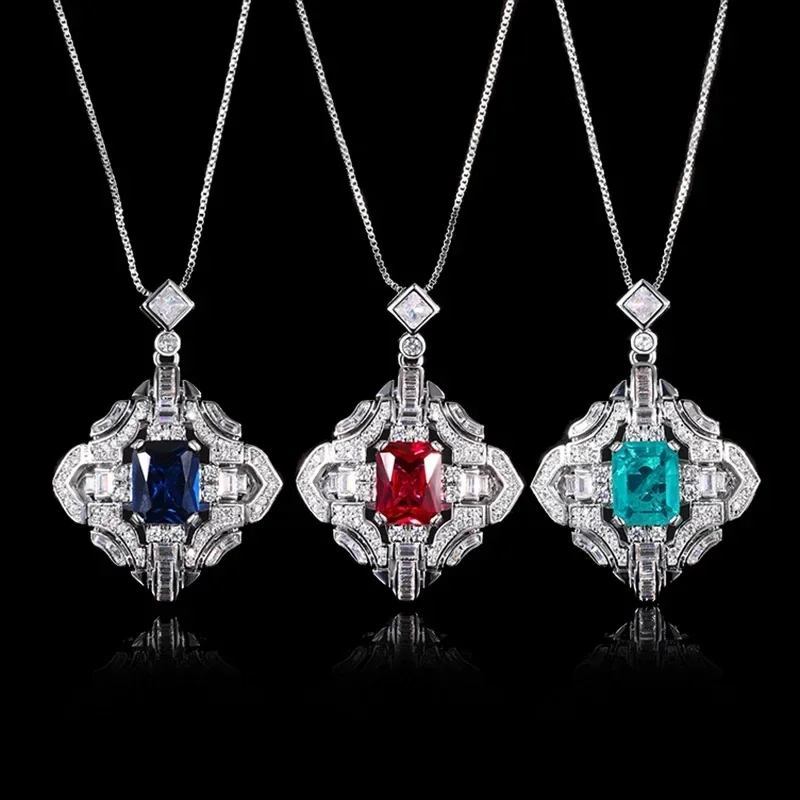 

Vintage Inspired S925 Sterling Silver Pendant Necklace with Sapphire Ruby Emerald Gemstones Elegant Statement Jewelry for Women