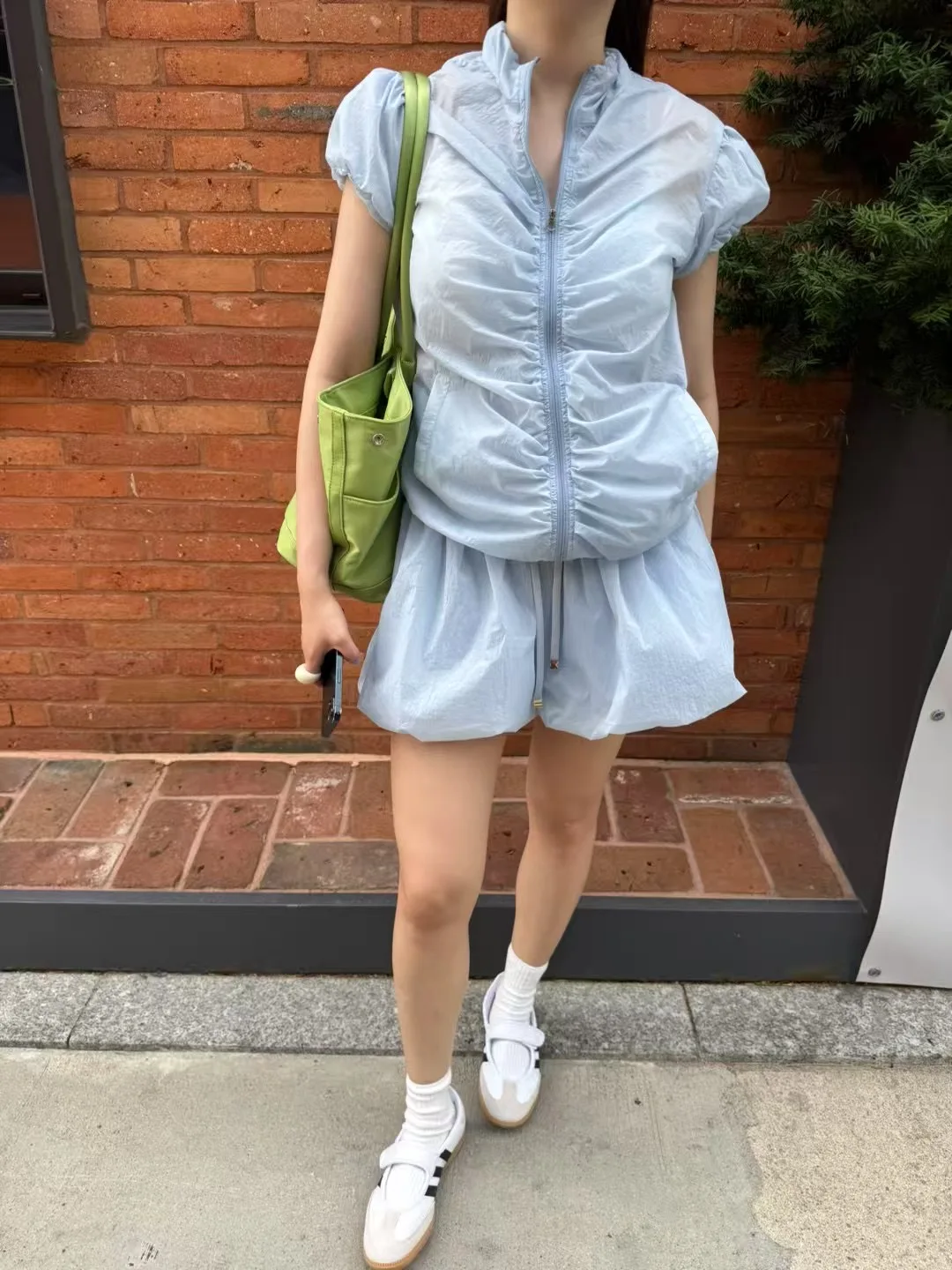 

Women's Bubble Sleeve Open Cardigan Top Slimming Pleated Short Set Sweet Youthful Puffy Lantern Shorts Casual Sportswear