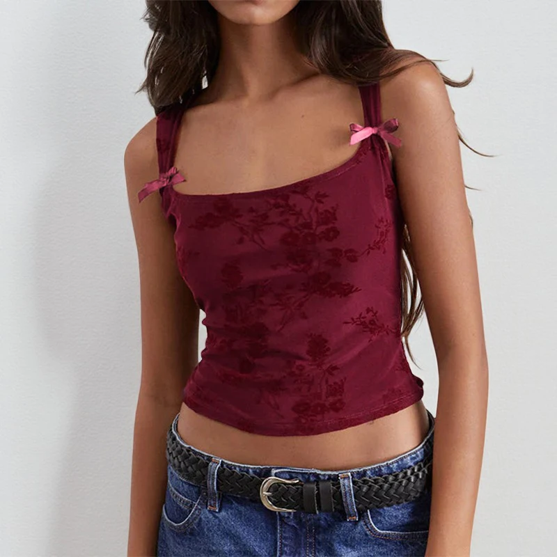 

Европейский стиль: Модный сексуальный укороченный топ-камизоль с бантом и цветочным принтом, без рукавов, для женщин, весна-лето 2026, повседневные женские топы