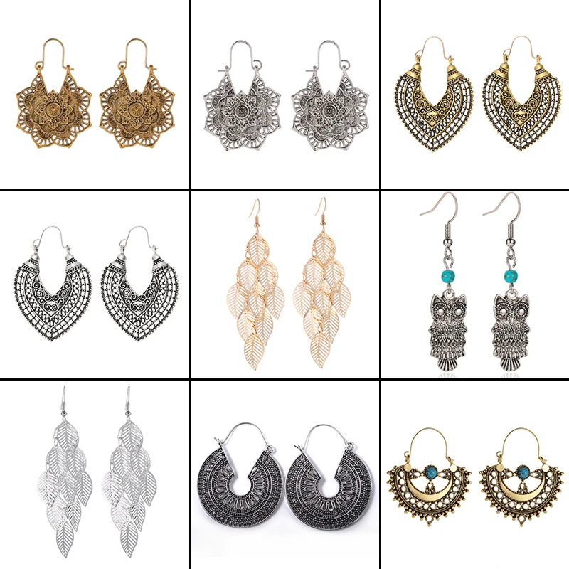 Pendientes con colgante de flor hueca de Metal de estilo nacional Retro para mujer, aro étnico Tribal indio, pendiente colgante de Mandala Oorbellen