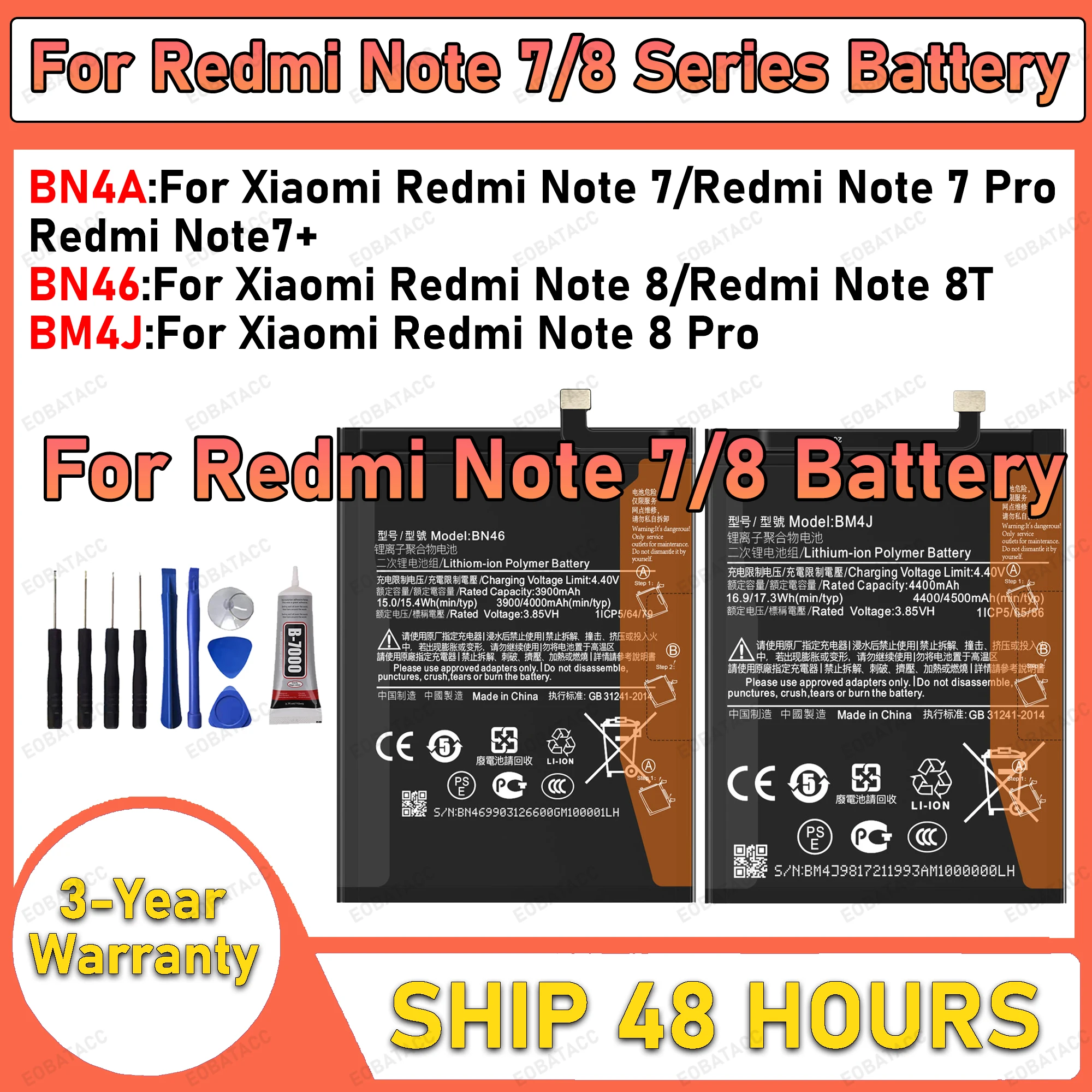 

100% New High Capacity BN4A BN46 BM4J Battery For Xiaomi Redmi Note 7 Pro/ Redmi Note 8 Pro/ Redmi Note 8T batteries +Free Tools