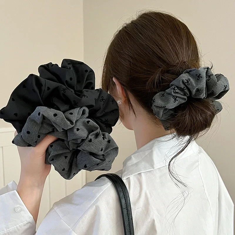 New Polka Dot Hair Ties Rope Women Large Size Heart Bowknot Printed Scrunchies Grey Black Hairband Ponytail Holder Headwear