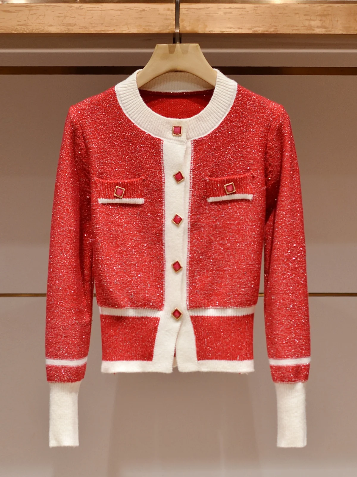 

Cisas Red Long Sve round Ne Knitted Sweater Women's Button up Cardigan Sli Anti-Aging Trendy Commute Sle JOOva