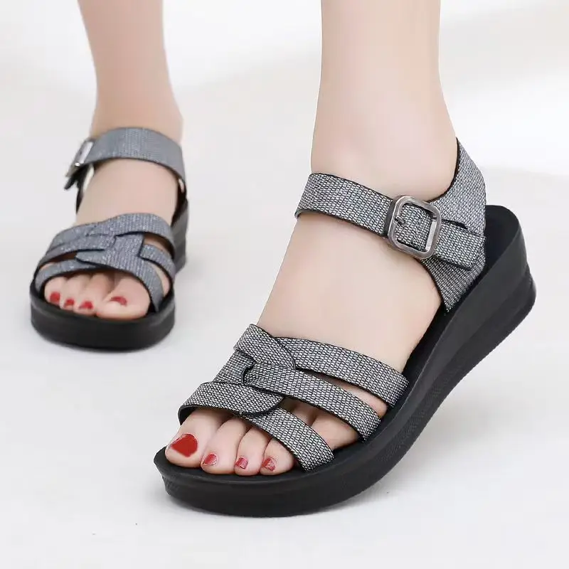 

Summer New Women's Dark Grey Diamond-Faced Sandals Wedges Hollow Out Open Toe Lightweight Thick Sole Velcro Modern Sandals