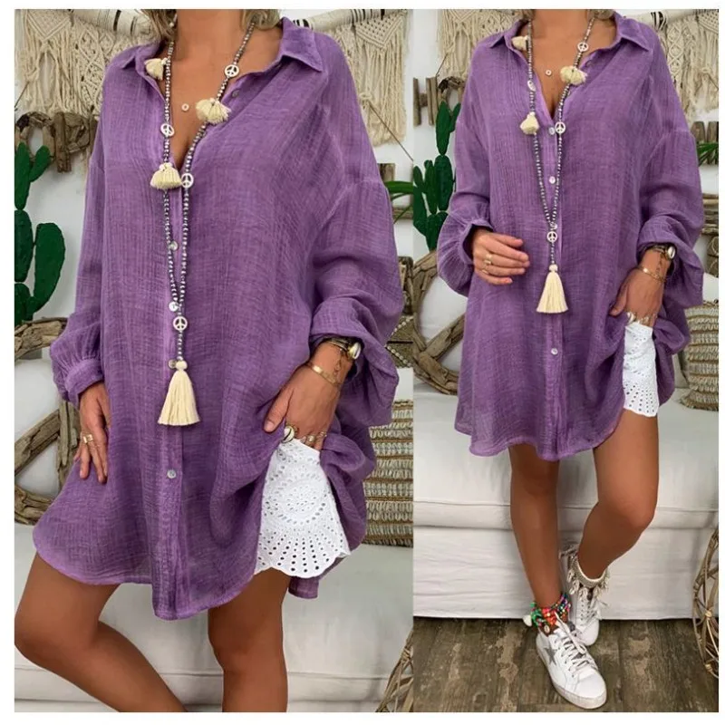 Mandylandy Summer Shirt Women\'s Button Loose Long Sleeve Casual Shirt Beach Wear Top Swim Cover Up Solid Color Loose Shirts