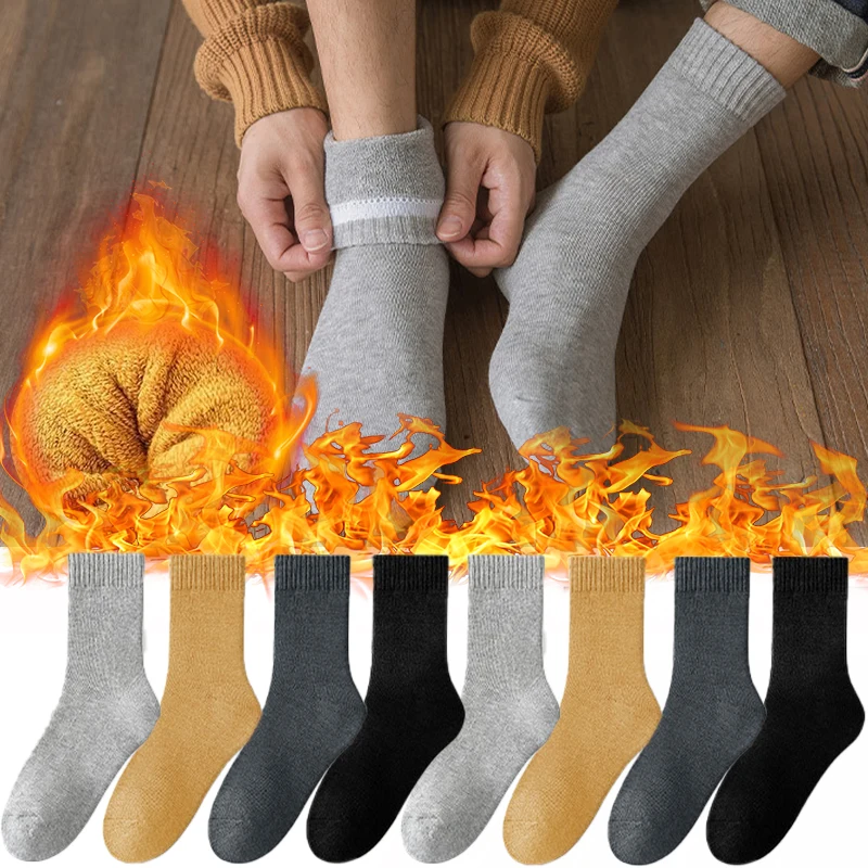 

New Fashion Warm Thick Cotton Men Socks Autumn Winter High Quality Cold-resistant Soft Cashmere Middle Tube Sock Solid Color