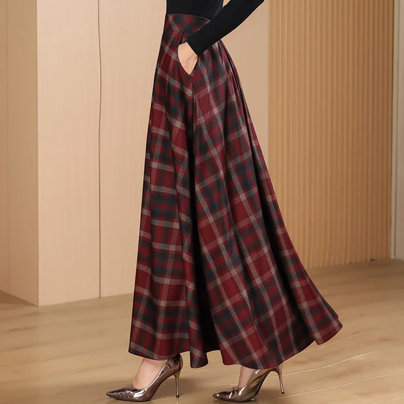 2025 Plus Size Autumn New Fashion Retro Casual Plaid Pattern A-line long skirt Womens with pocket elegant umbrella Maxi skirts