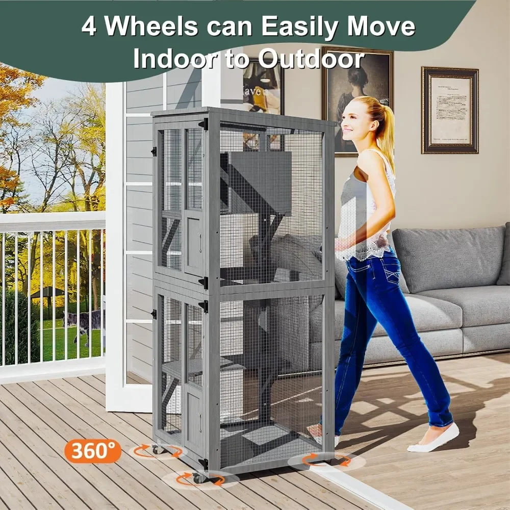 

Outdoor Cat Cage, 4-tier Indoor Cat Cage with Wheels, Platform and Rest Box, Cat Cage with Waterproof Roof with Removable Bottom