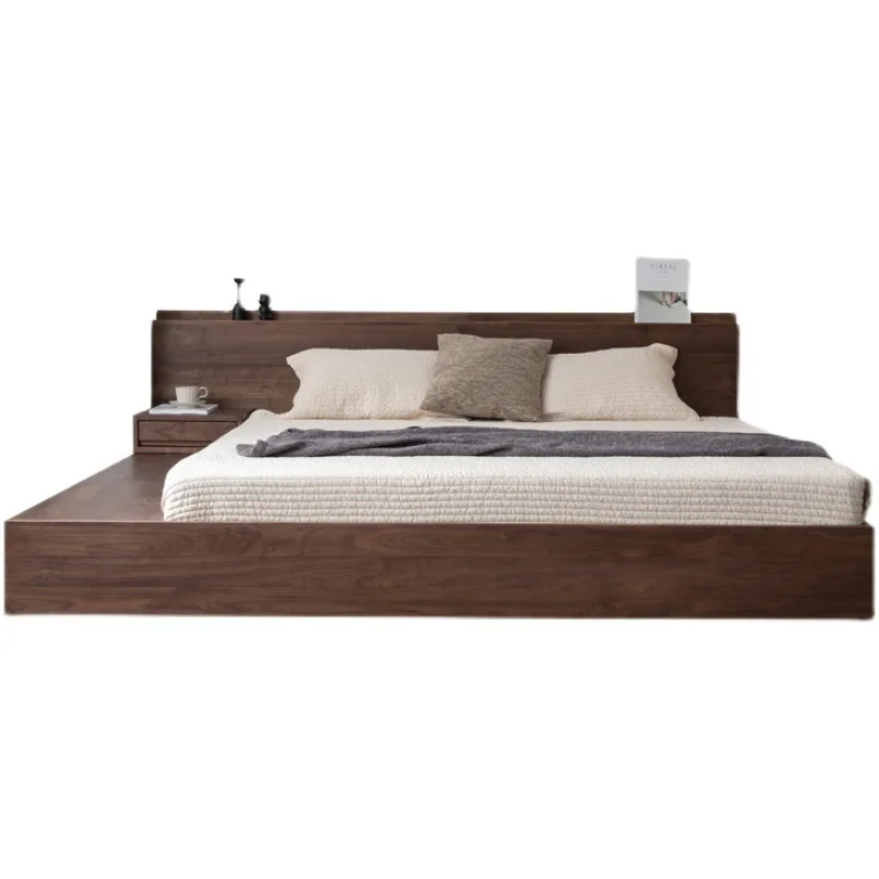 Nordic all solid wood Japanese black walnut, wabi-sabi wind tatami minimalist bed floor-to-ceiling short bed simple modern bed