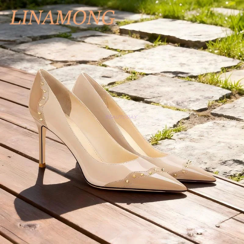 Riveted High Heels Color Blocking and Leather Splicing Design Fashionable and Simple One Foot Toe Pointed Slim High Heels