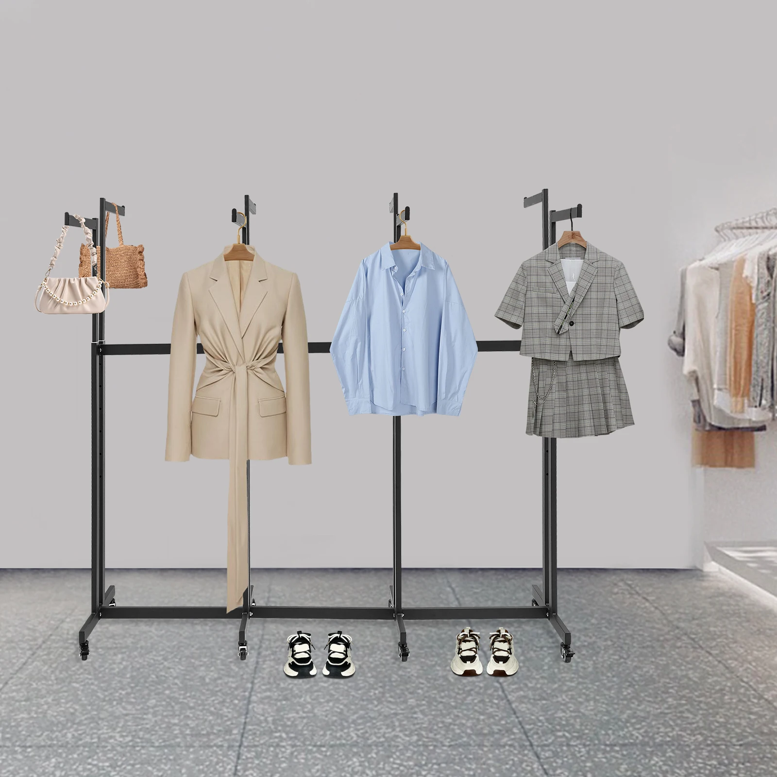 

Rotating Garment Rack With 8 Universal Wheels(4 With Brakes), Dual Use Of Wheels Or Non-Slip Feet For Home And Store