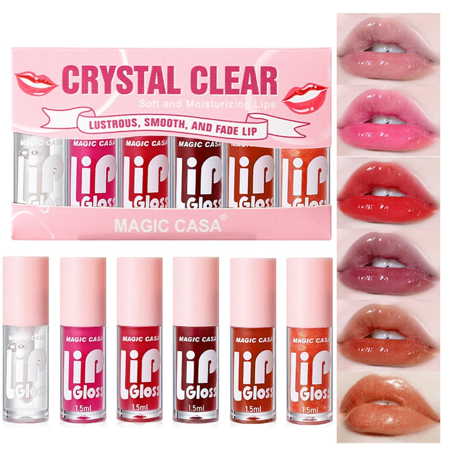ชุดลิปกลอสใส 6 ชิ้น - Watery Jelly Lip Protector Oil, ริมฝีปากให้ความชุ่มชื้นยาวนาน, ลิปกลอสมันวาวสูง, แต่งหน้าฐานให้ความชุ่มชื้น, มันเงา, เรียบเนียน
