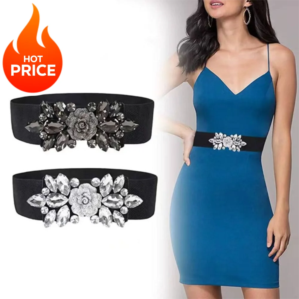 Cintura da donna con cinturino largo con fascia elastica con fiore rosa alla moda Cintura da donna con strass stile coreano nero