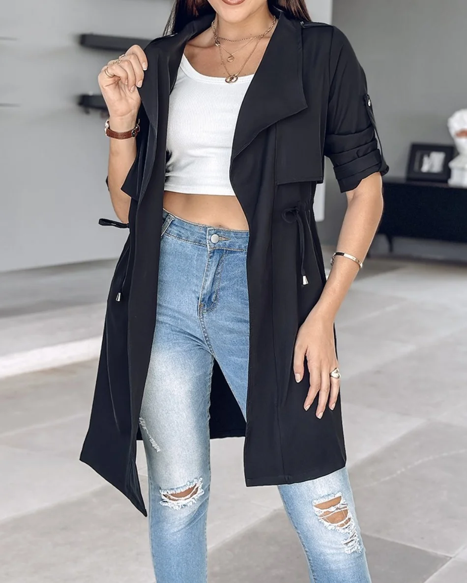 Women Lapel Open Front Trench Coat Roll Sleeve Drawstring Waist Mid Length Lightweight Casual Windbreaker Outerwear