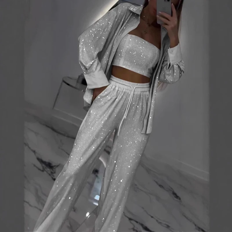 Female Long Sleeve Shirt + Tube Tops Tank + Wide Leg Pants Suit for Women 2025 Party Fashion Women Sequins Outfit 3Pcs Sets