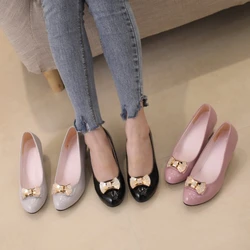 2023 round toe pumps women shoes med heels shallow slip on with butterfly knot square heels sweet female shoes