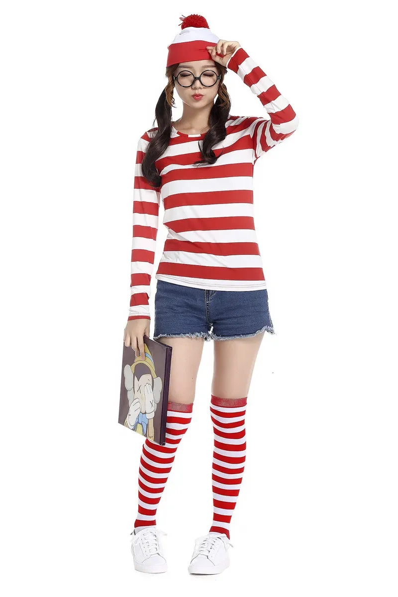 Where is Wally Waldo Costume Family Matching Parent-Child Cartoon Waldo Book Week Cosplay Outfit Stripe Shirt Hat Glasses Kit